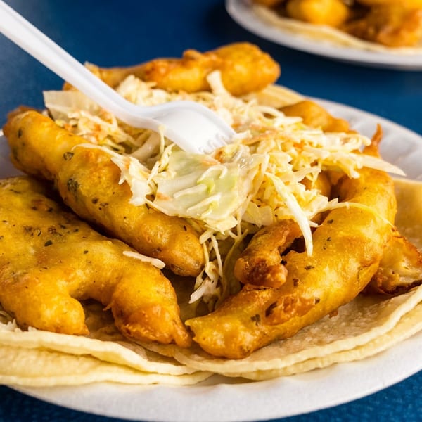 Golden fried fish tacos with shredded cabbage and a white plastic fork on a blue table.